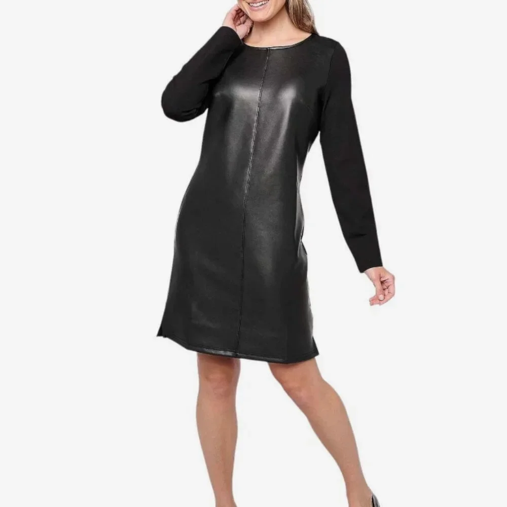 NWOT Belle by Kim Gravel Ponte Knit & Faux Leather Dress Black Medium  A617234